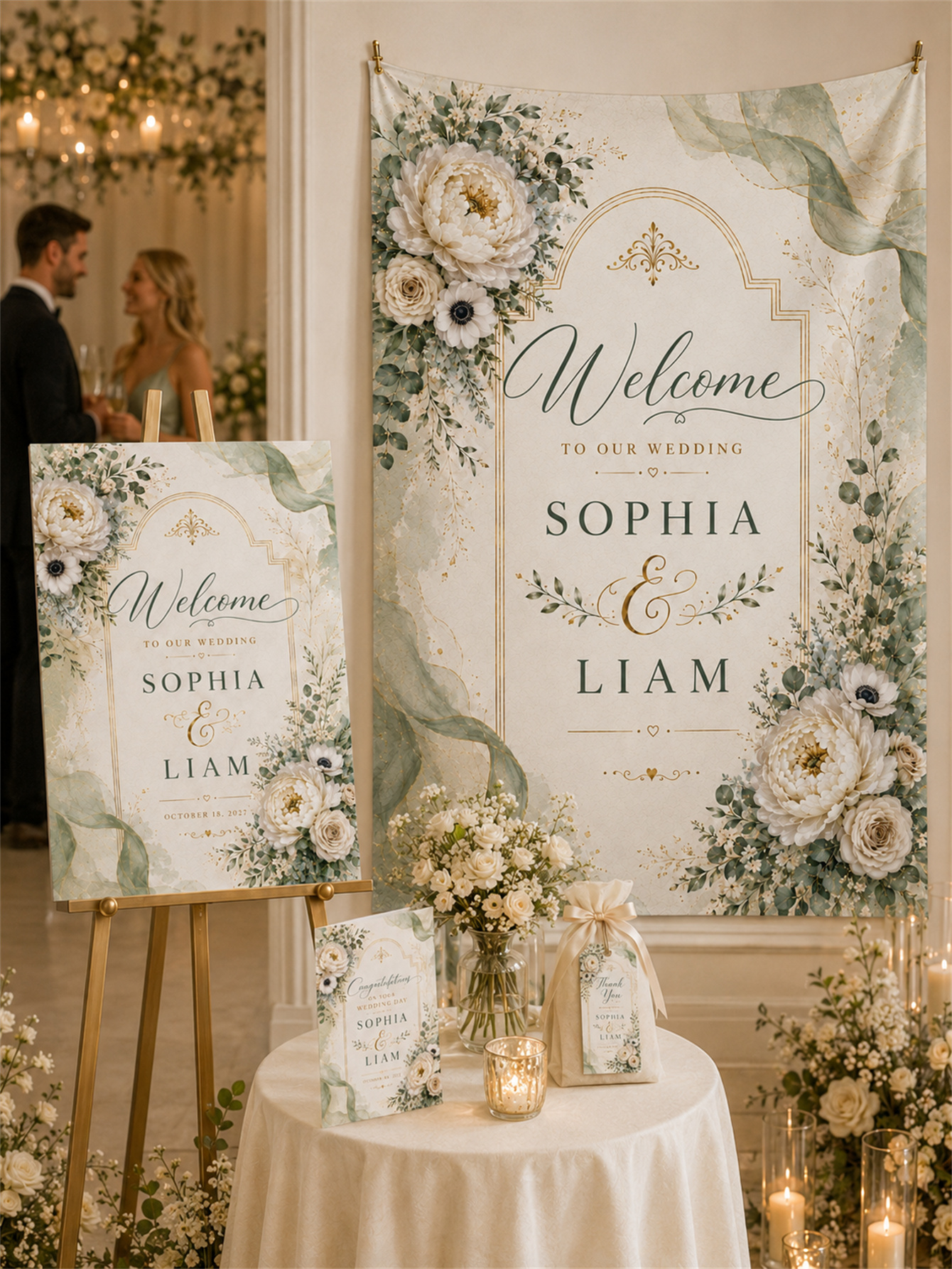Sage green and ivory plant wedding decorations - Romantic and elegant wedding - Custom name and date
